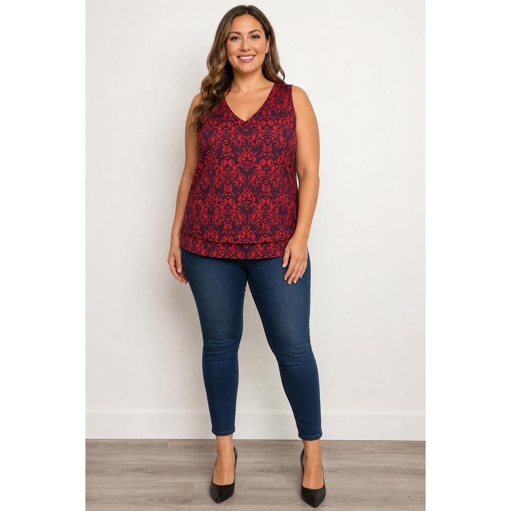 Cabi XL Lagenlook Top Aubergine Raspberry Cameo Print V-Neck Split Back Artistry